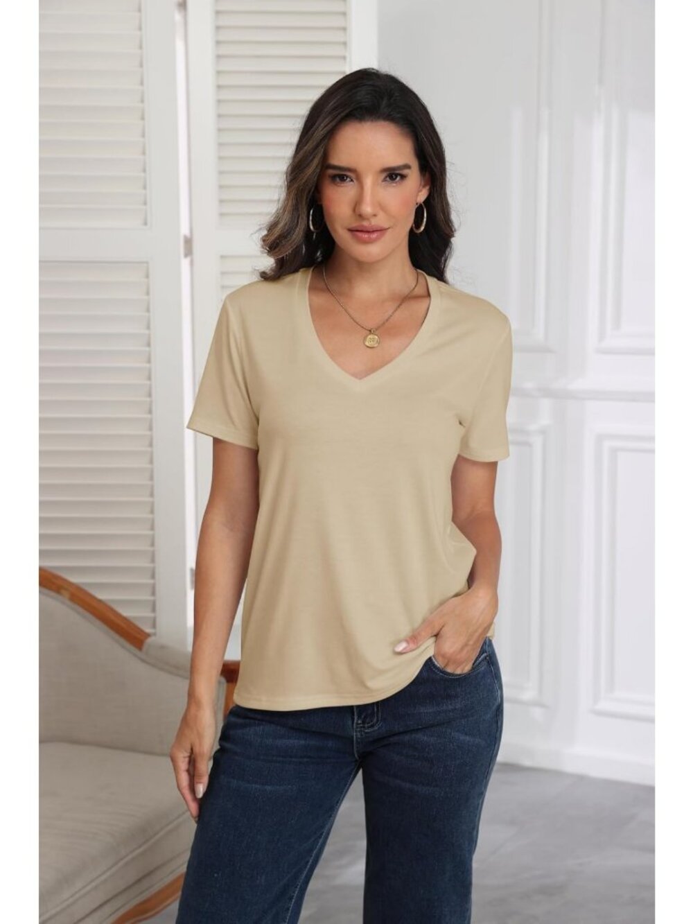Classic Fit Short Sleeve V Neck Casual Tee - Women's Summer Top, Everyday - Picture 2 of 8